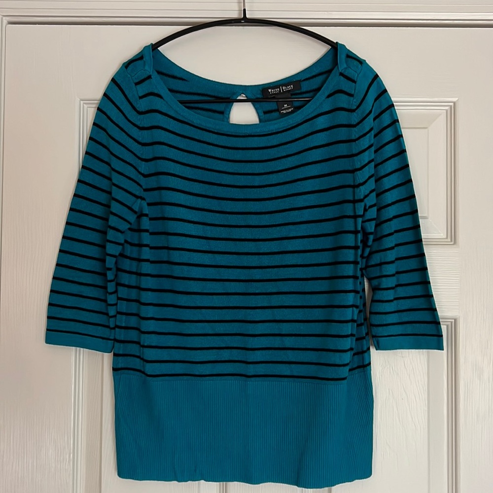 WHBM Teal and Black Boatneck 3/4 Length Sleeve Sweater.